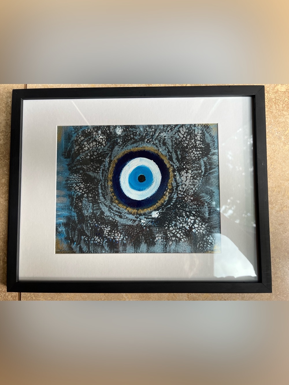 Framed Blue Evil Eye Abstract Art original mixed media